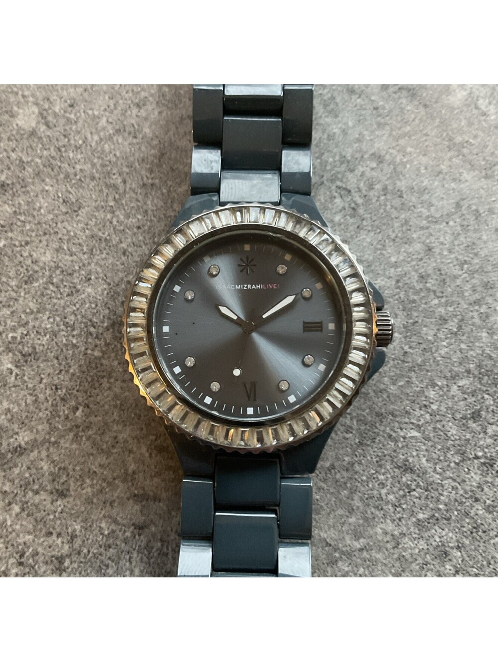 Isaac Mizrahi Womens Watch 40mm Gunmetal Ceramic Case & Band Crystal Bezel B-C